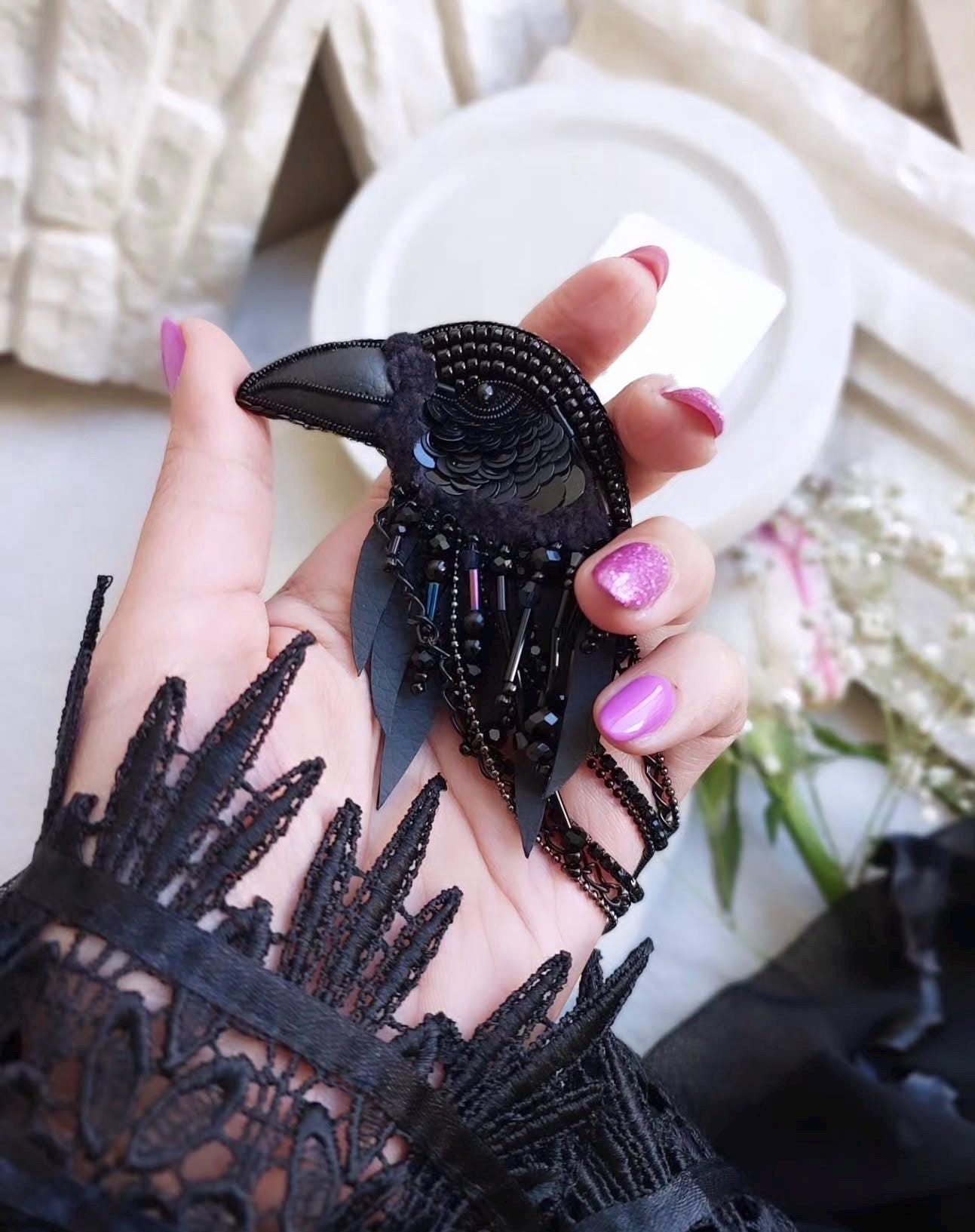 Handmade Beaded Raven Brooch, Gothic Bird Pin, Dark Fantasy Jewelry