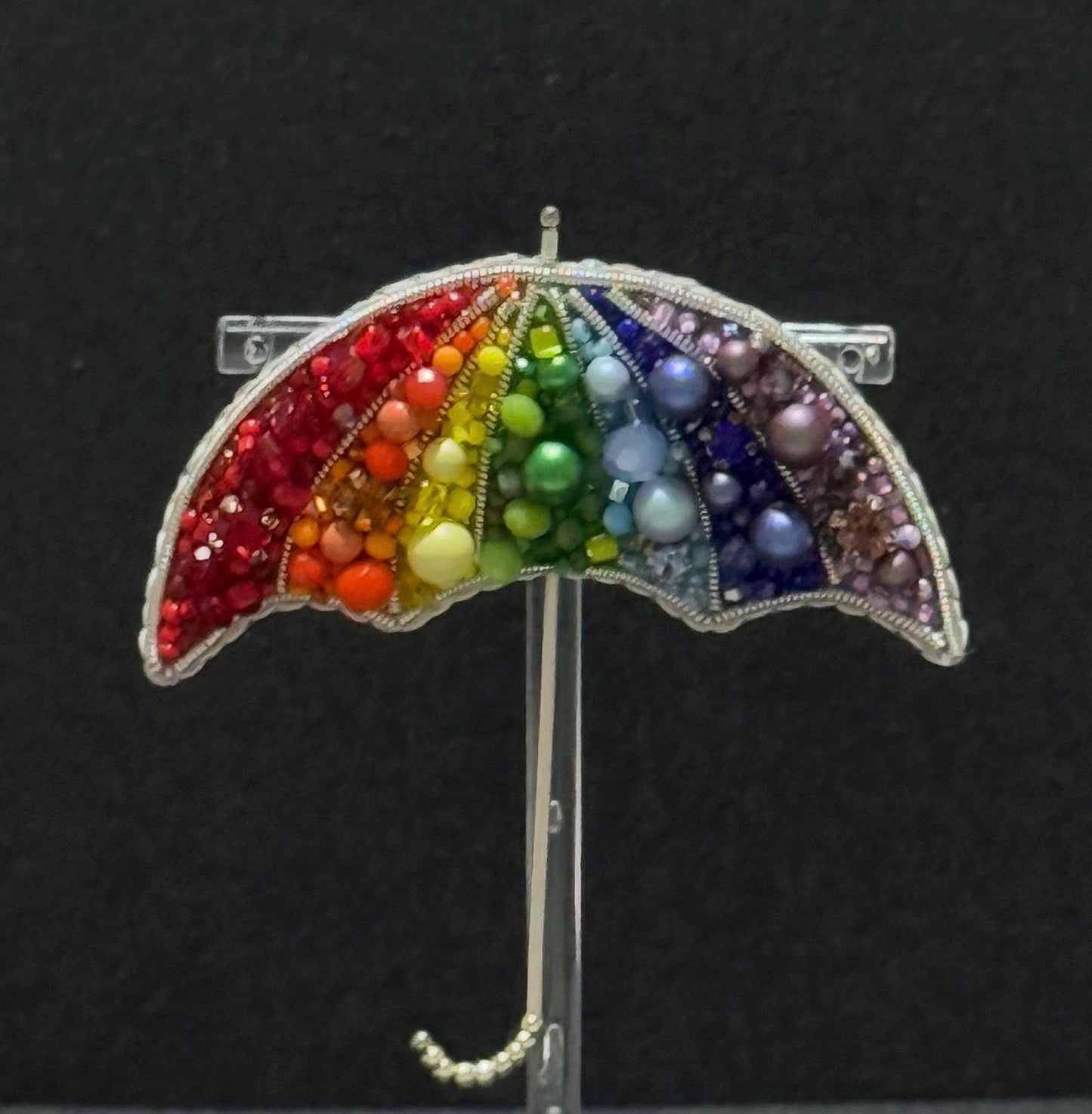 Handmade Rainbow Umbrella Brooch: Beaded Pride Pin