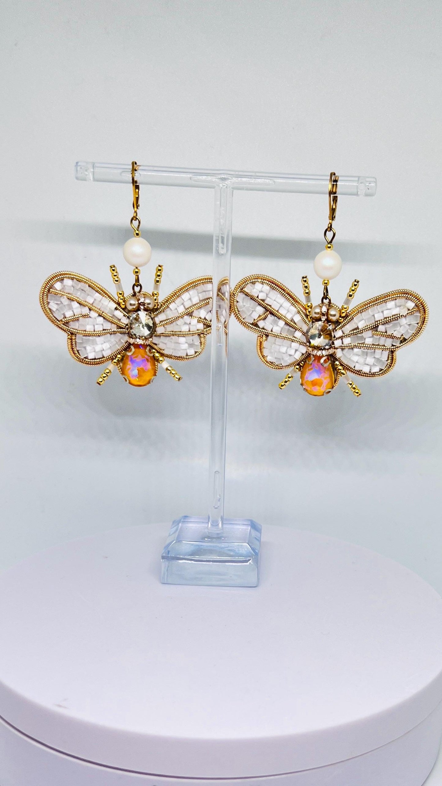 Handmade Beaded Bee Earrings: Opal Gemstone, White & Gold Jewelry