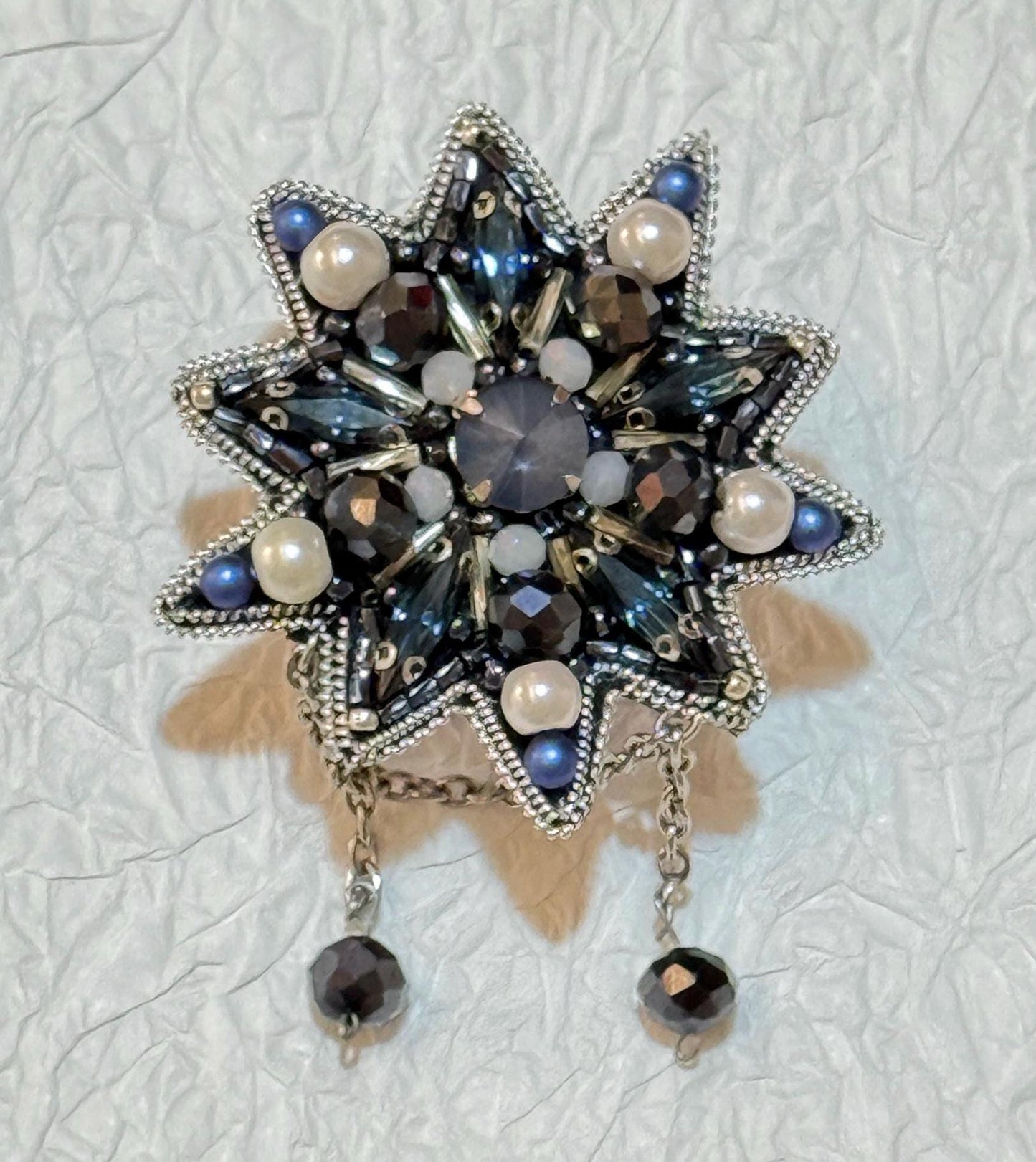Handmade Blue Star Brooch: Crystal & Pearl Beaded Statement Jewelry