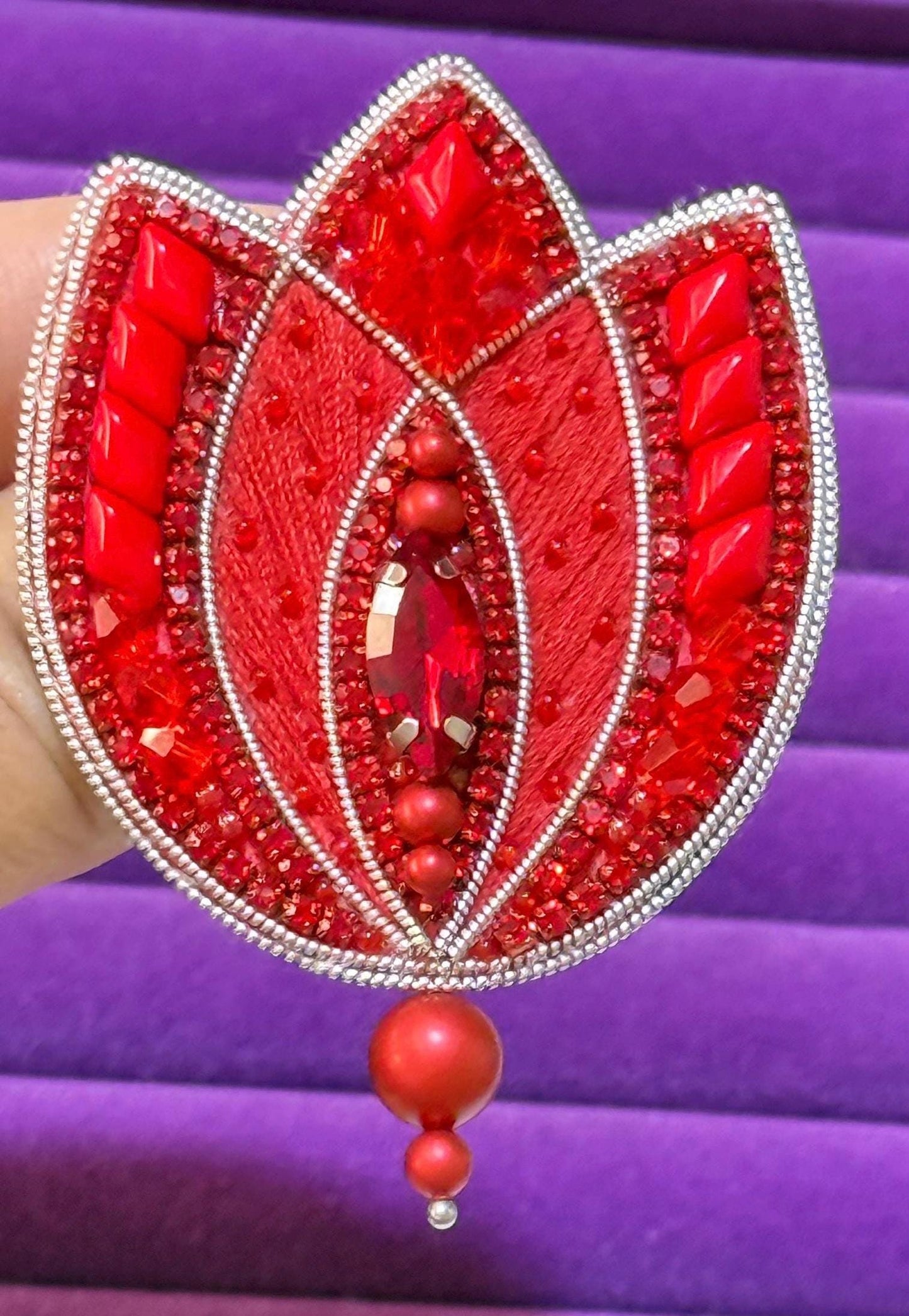 Handmade Beaded Tulip Brooch: Crystal Floral Statement Pin