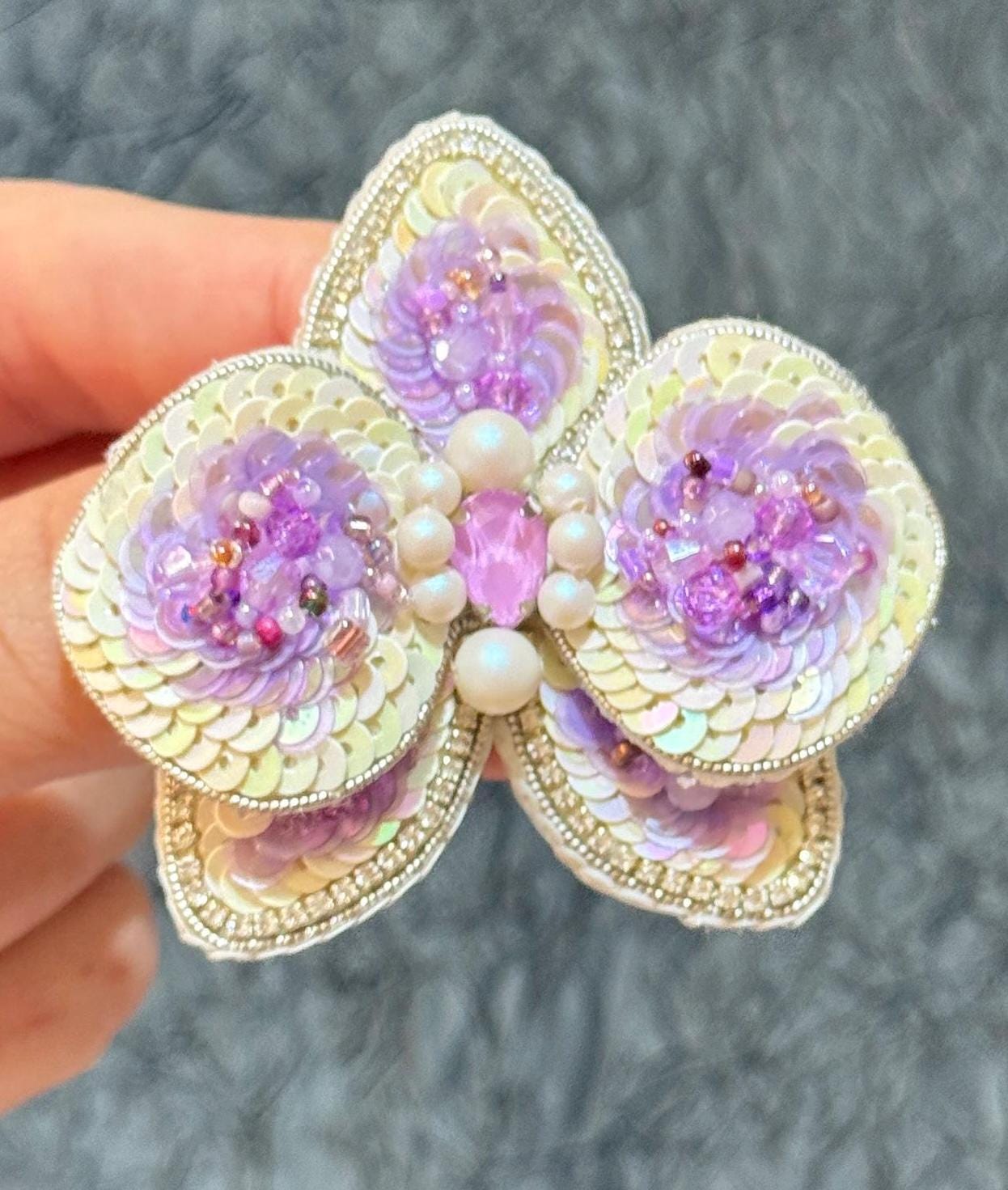 Handmade Beaded Orchid Brooch: Sequin Pearl Floral Pin