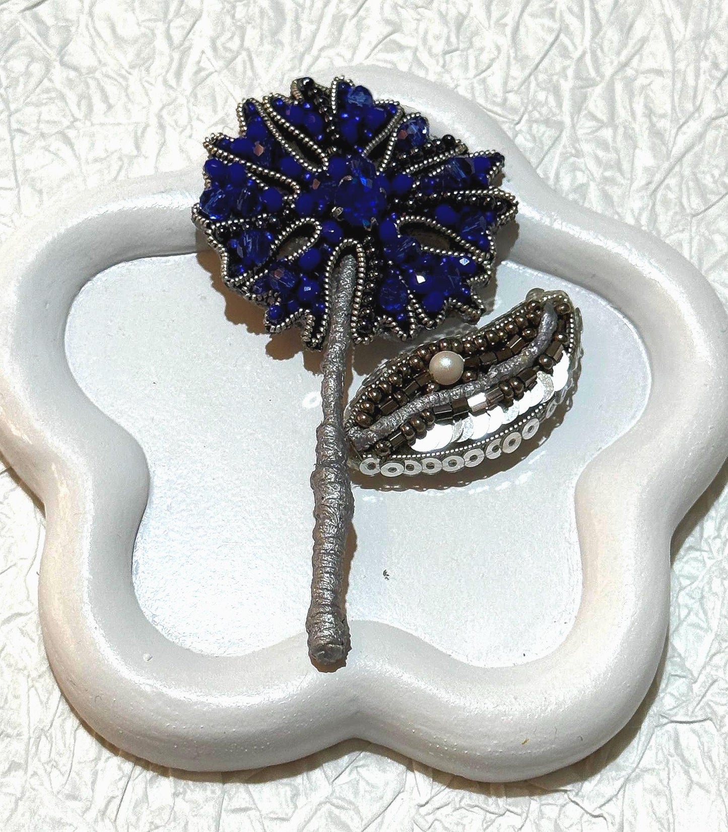 Handcrafted Blue Crystal Floral Brooch - Elegant Beaded Flower Pin