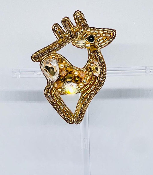 Golden Reindeer Brooch - Handmade Beaded Pin - Holiday Jewelry - Festive Accessories