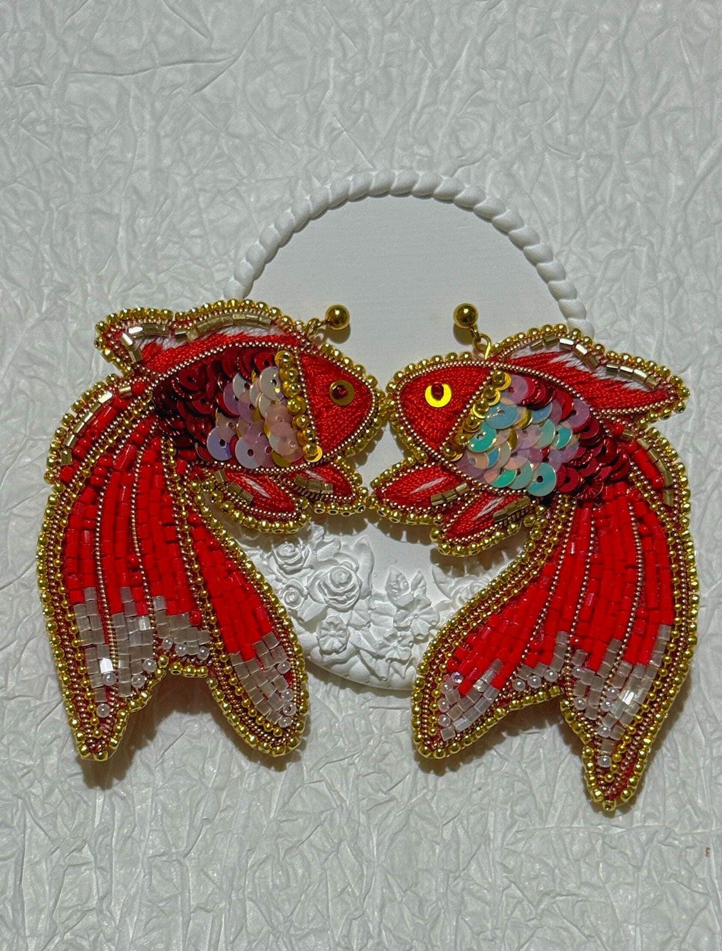 Handmade Beaded Goldfish Earrings: Red Sequin Statement Jewelry