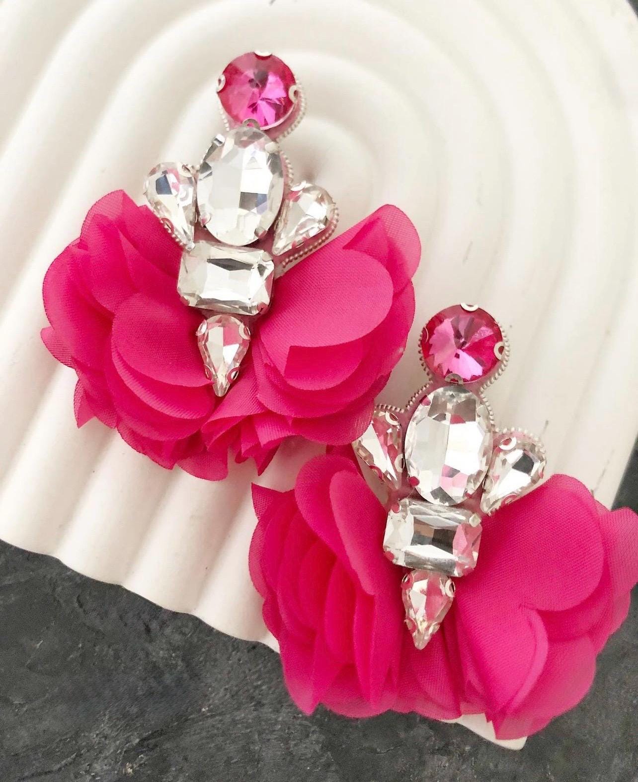 Statement Pink Crystal Flower Earrings – Handmade Glamorous Drop Earrings for Special Occasions