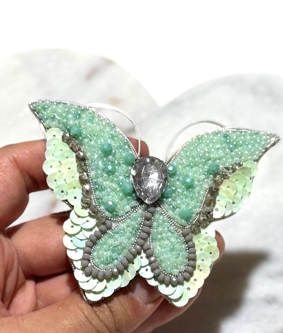 Handmade Mint Green Butterfly Brooch: Beaded Crystal Pin
