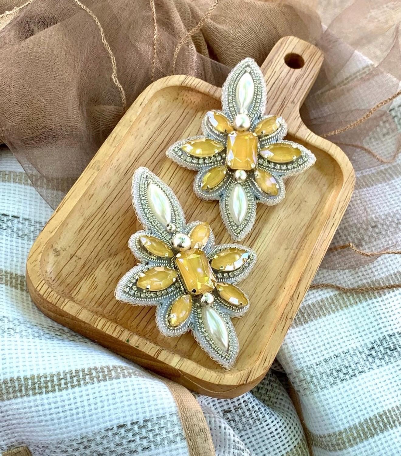 Handmade Beaded Flower Earrings, Yellow Gem Pearl Dangles