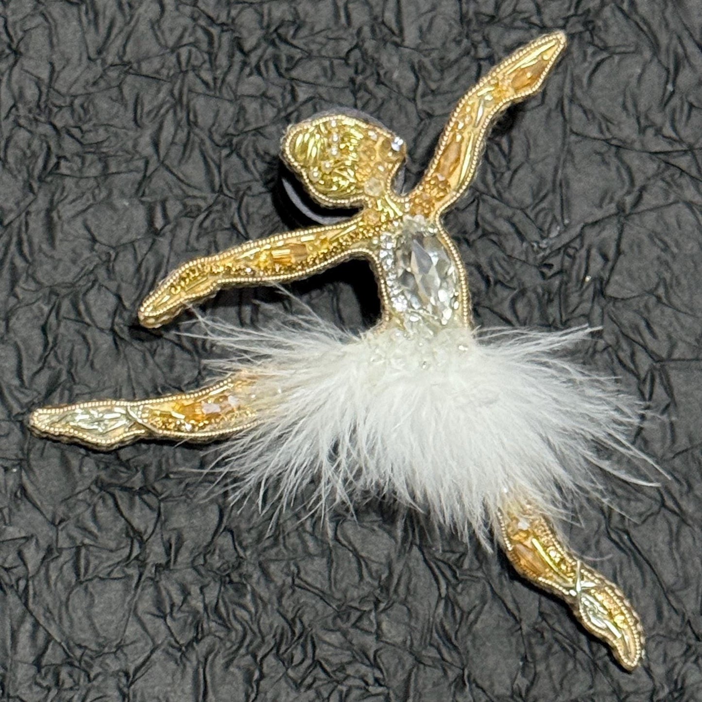 Handmade Beaded Ballerina Brooch: Gold Ballet Dancer Pin with Feather Tutu