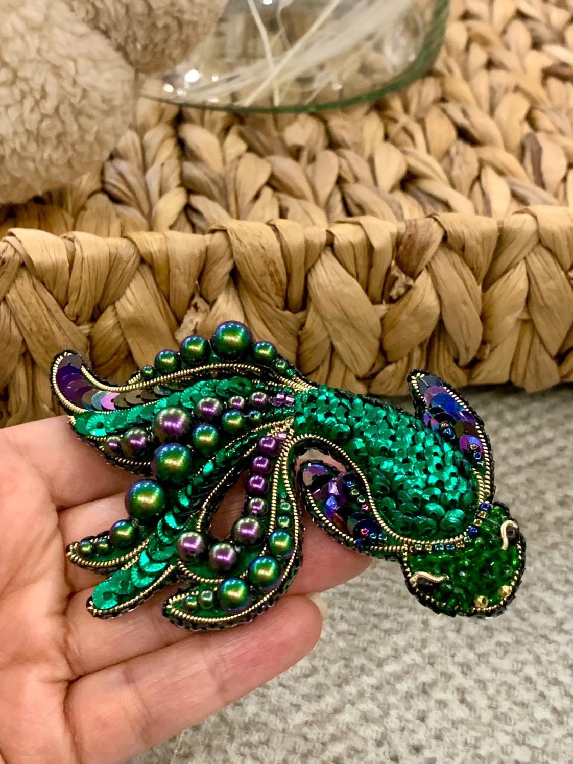 Handmade Beaded Fish Brooch: Embroidered Green Koi Pin