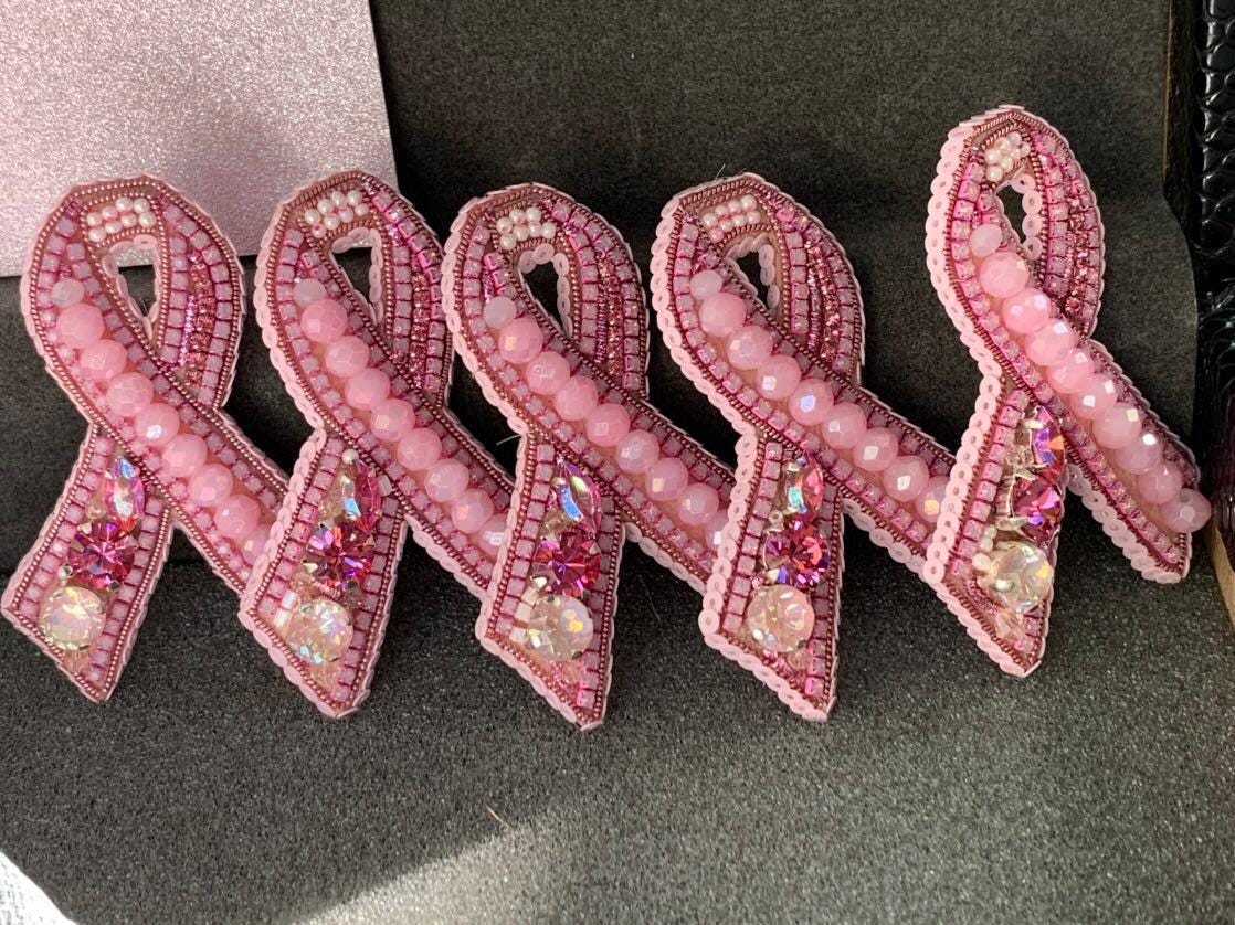 Handmade Beaded Pink Ribbon Brooch: Breast Cancer Awareness Pin