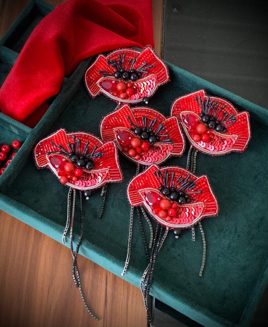 Handmade Red Poppy Brooch: Beaded Sequined Remembrance Pin
