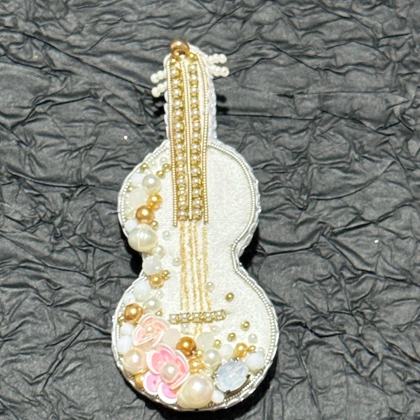 Handmade Beaded Violin Brooch: Pearl & Crystal Musical Pin