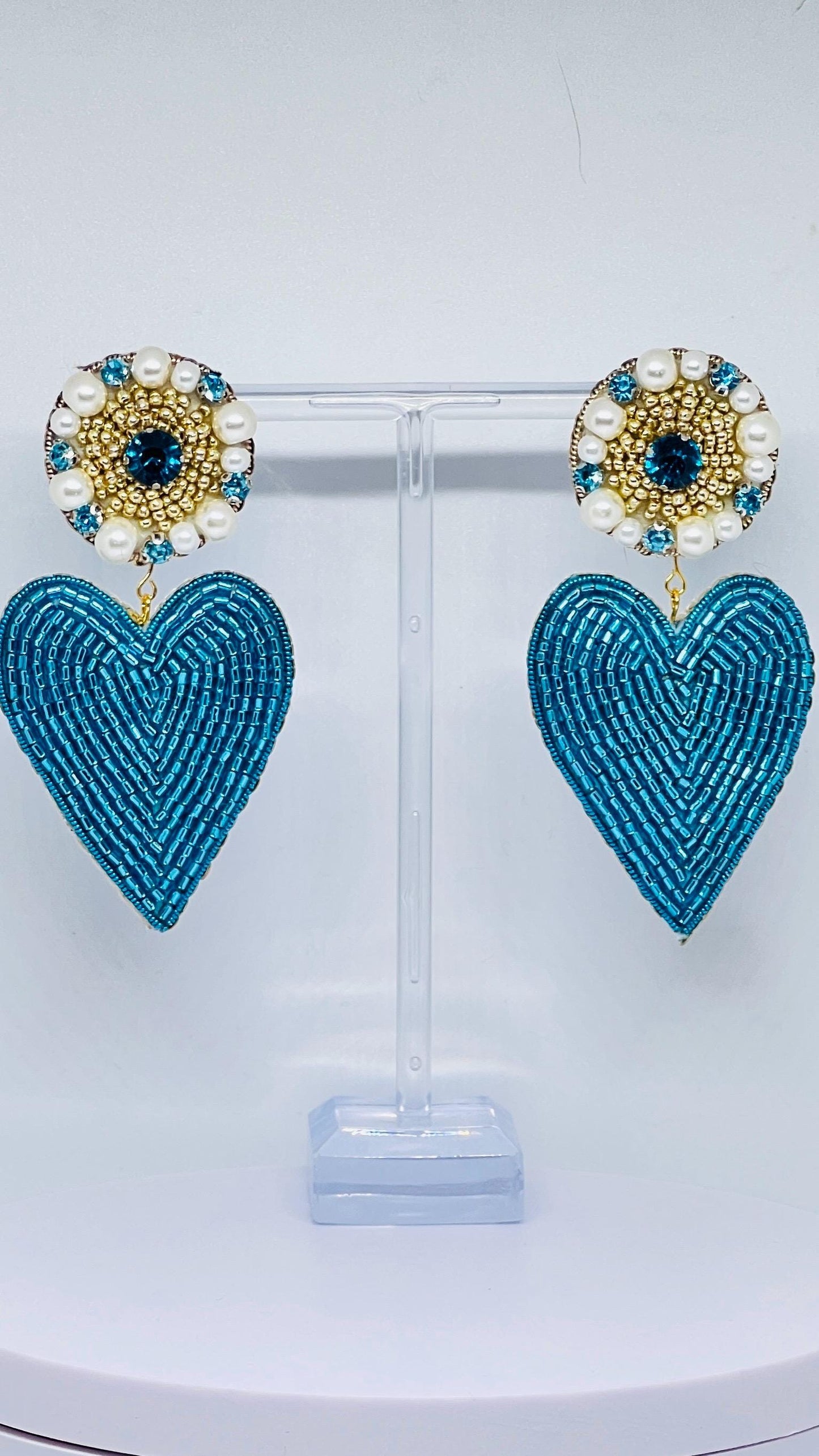 Handmade Blue Heart Earrings: Beaded Pearls & Crystals, Elegant Drop Earrings