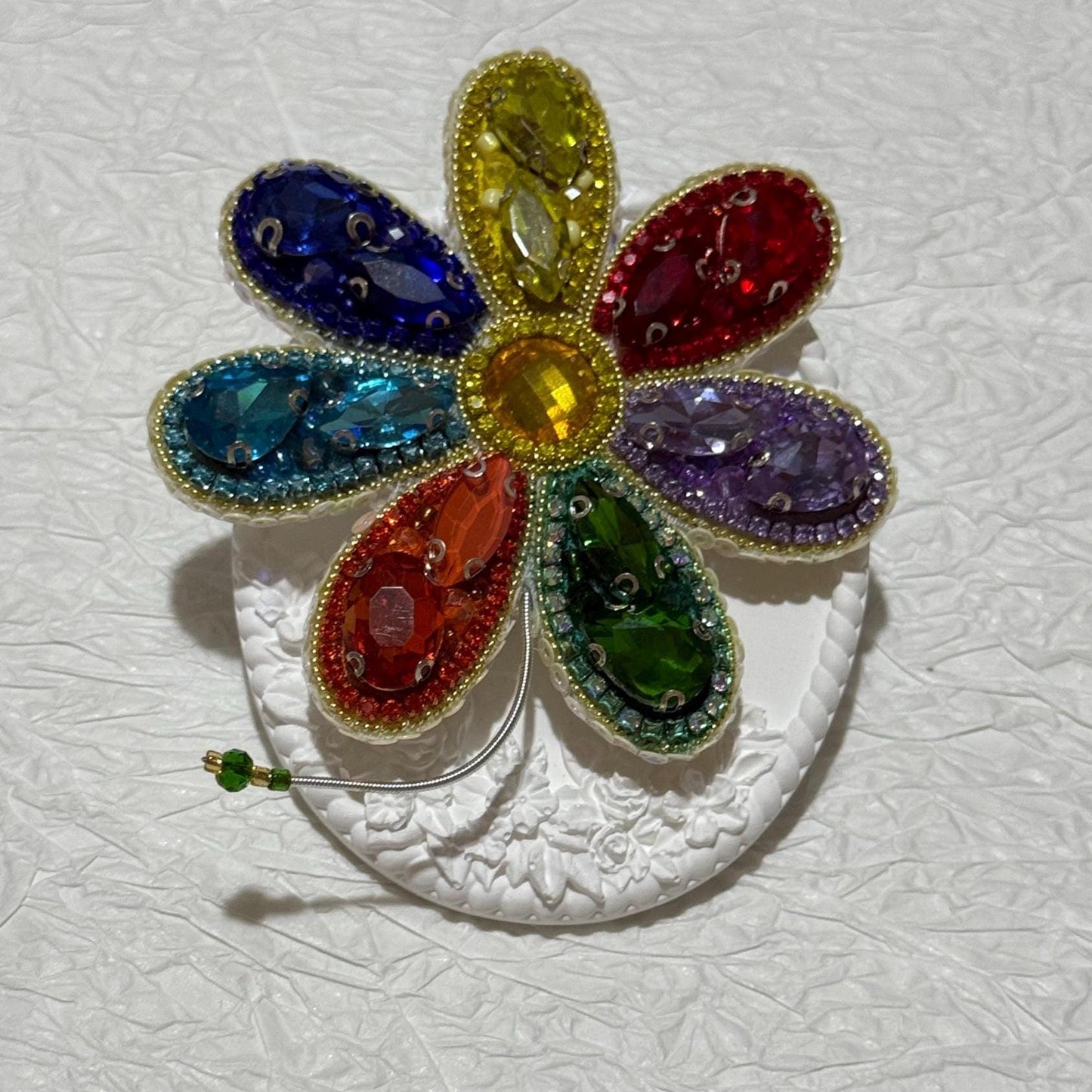 Handmade Rainbow Crystal Flower Brooch: Beaded Pride Pin
