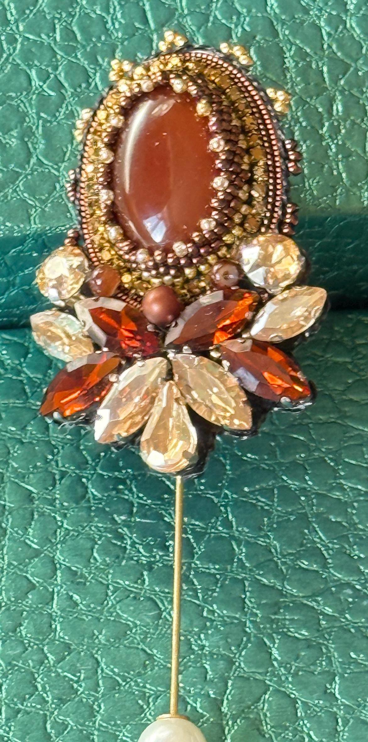 Handmade Brown Agate Brooch – Elegant Statement Jewelry