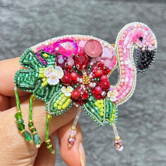 Handmade Beaded Flamingo Brooch: Pink Bird Pin, Tropical Jewelry