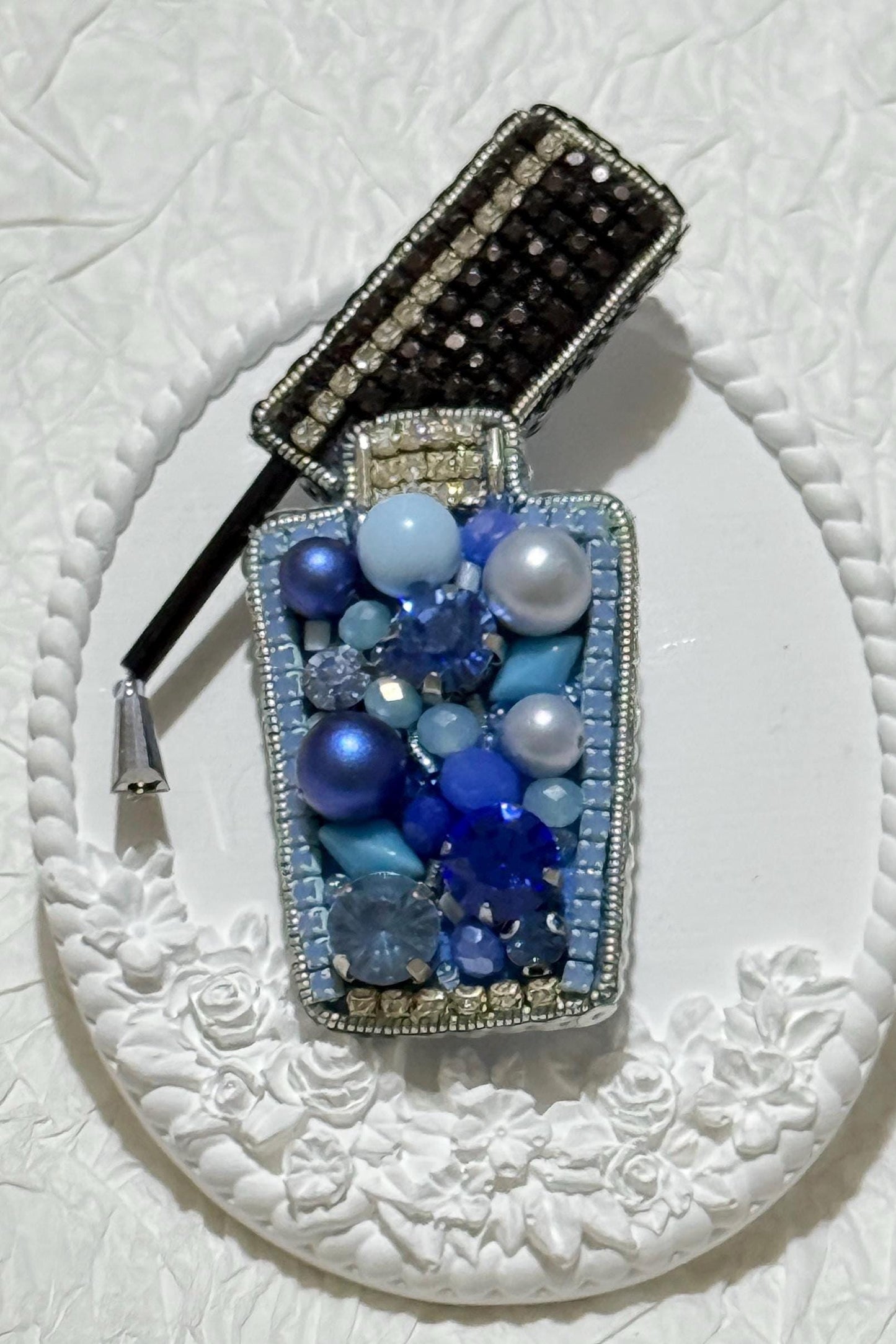 Handmade Blue nail polish Bottle Brooch: Beaded Crystal Pin