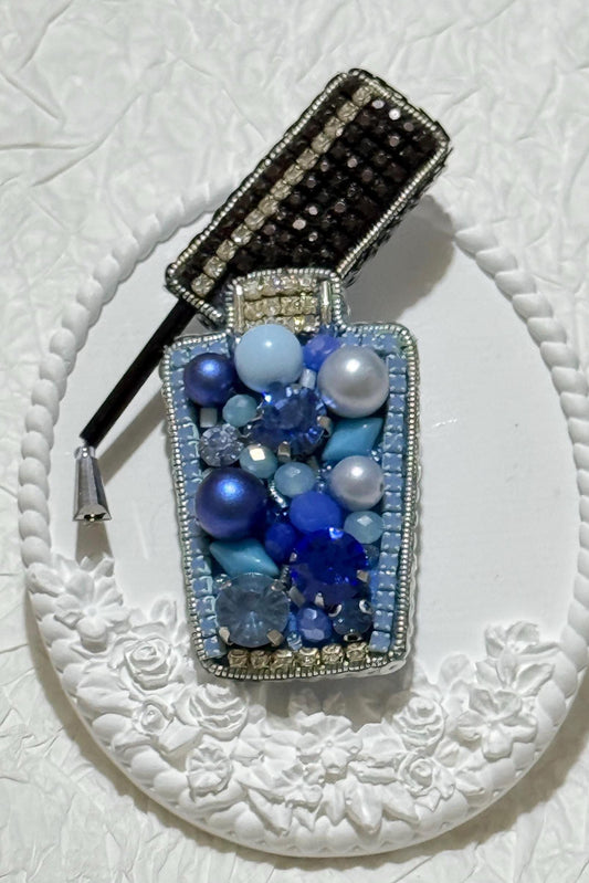 Handmade Blue nail polish Bottle Brooch: Beaded Crystal Pin