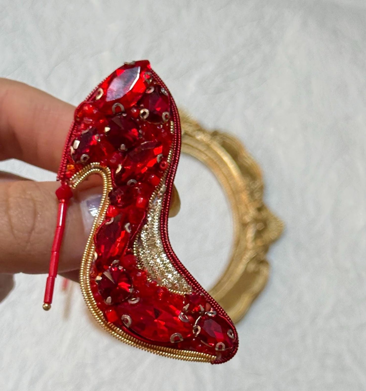Handmade Red High Heel Brooch: Beaded Rhinestone Shoe Pin