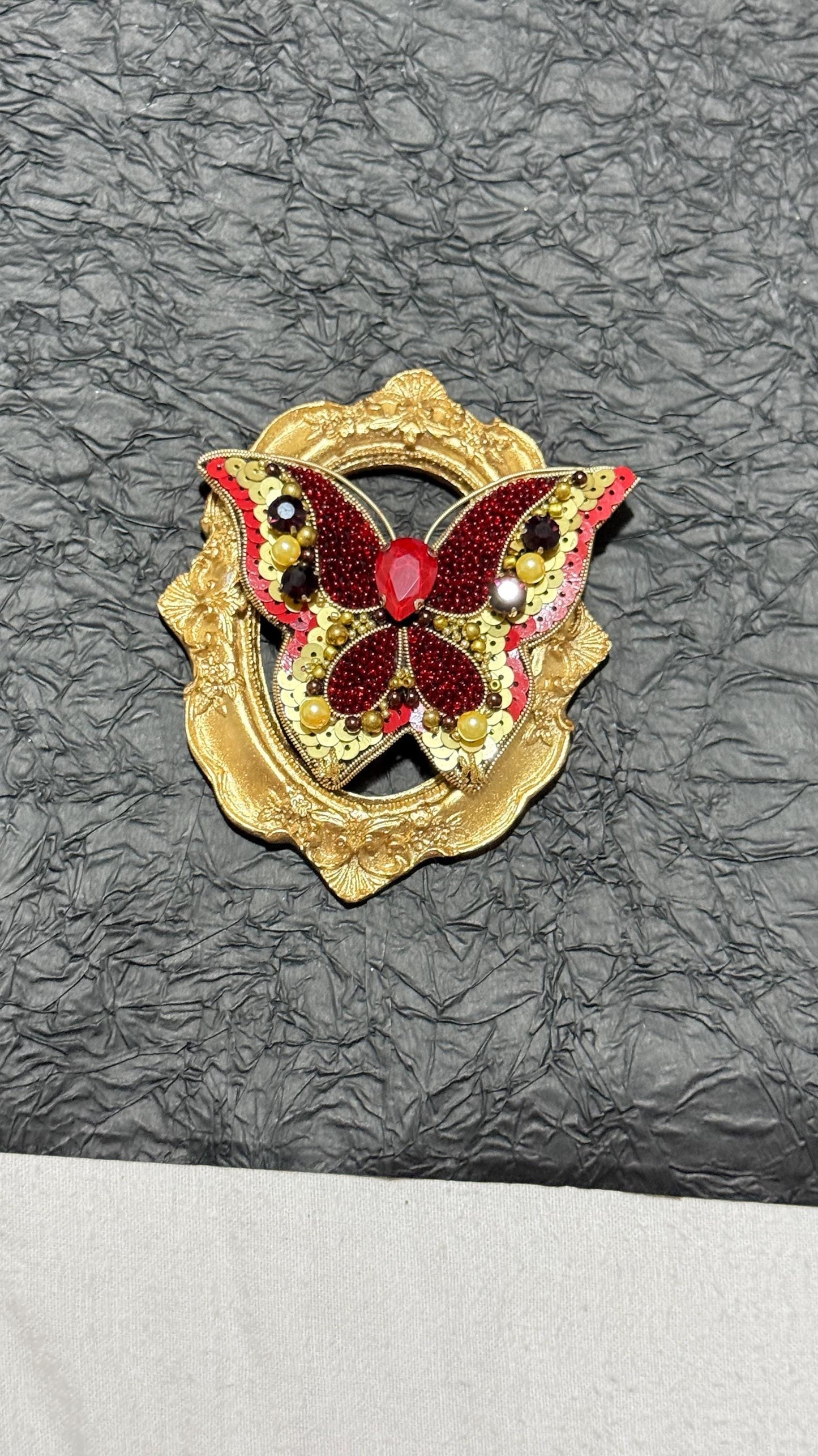 Handmade Red Butterfly Brooch: Beaded Pearl & Crystal Statement Pin