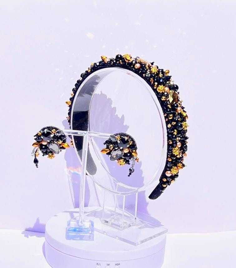Black & Gold Beaded Headband and Earrings Set: Handmade Crystal Jewelry