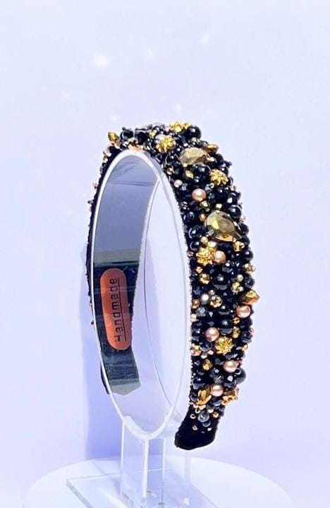 Black & Gold Beaded Headband and Earrings Set: Handmade Crystal Jewelry