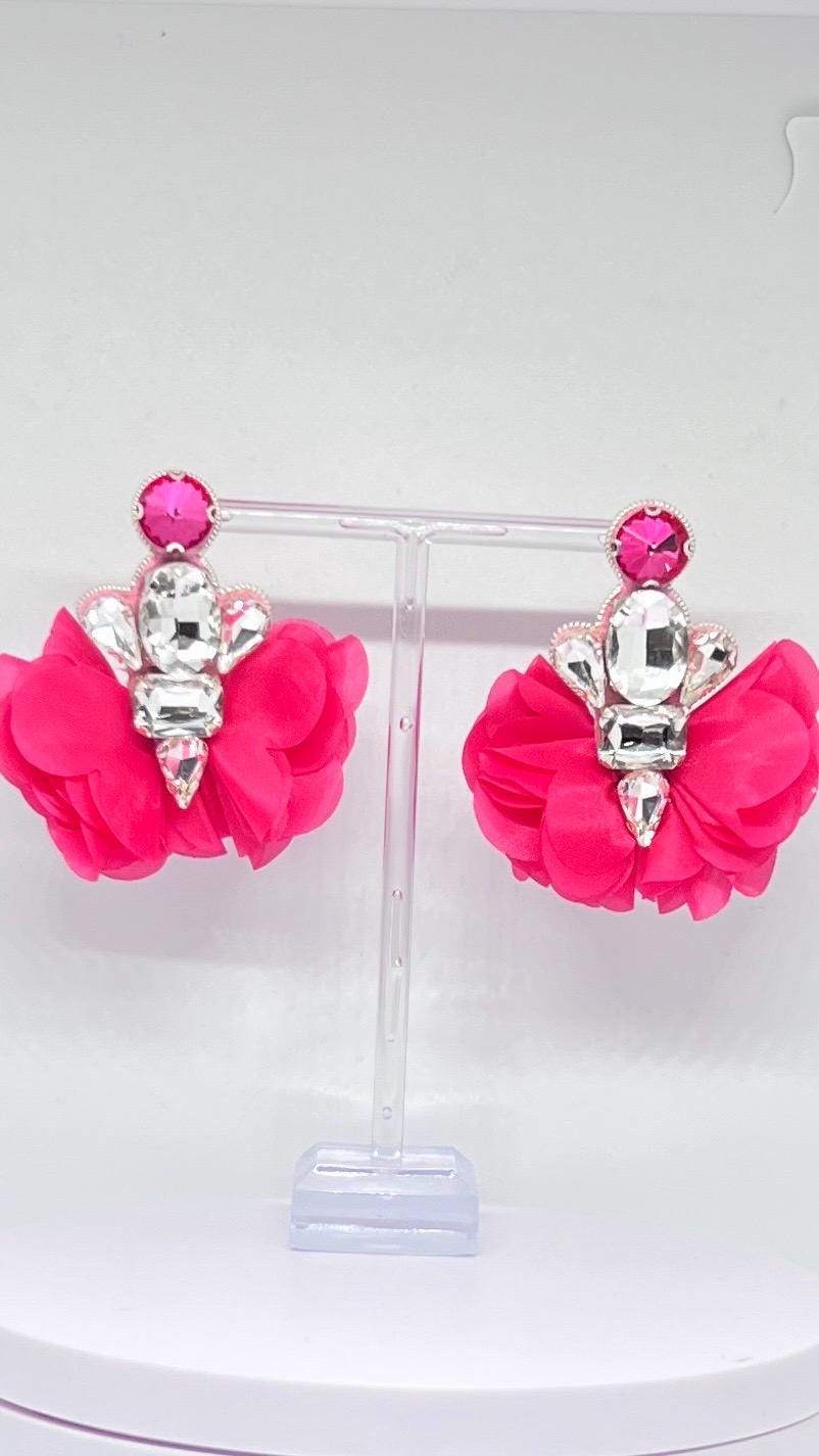 Statement Pink Crystal Flower Earrings – Handmade Glamorous Drop Earrings for Special Occasions