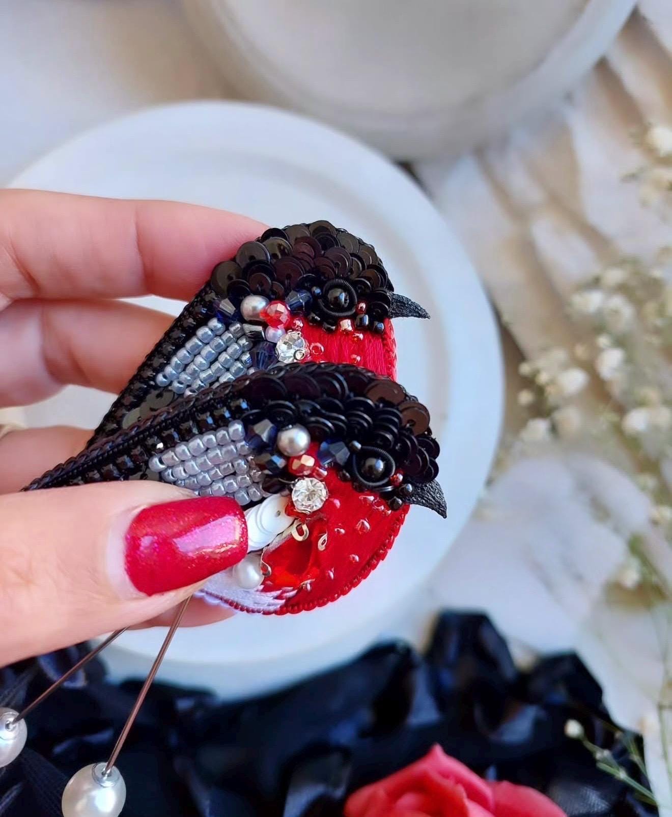 Beaded Bullfinch Brooch – Handmade Embroidered Bird Pin