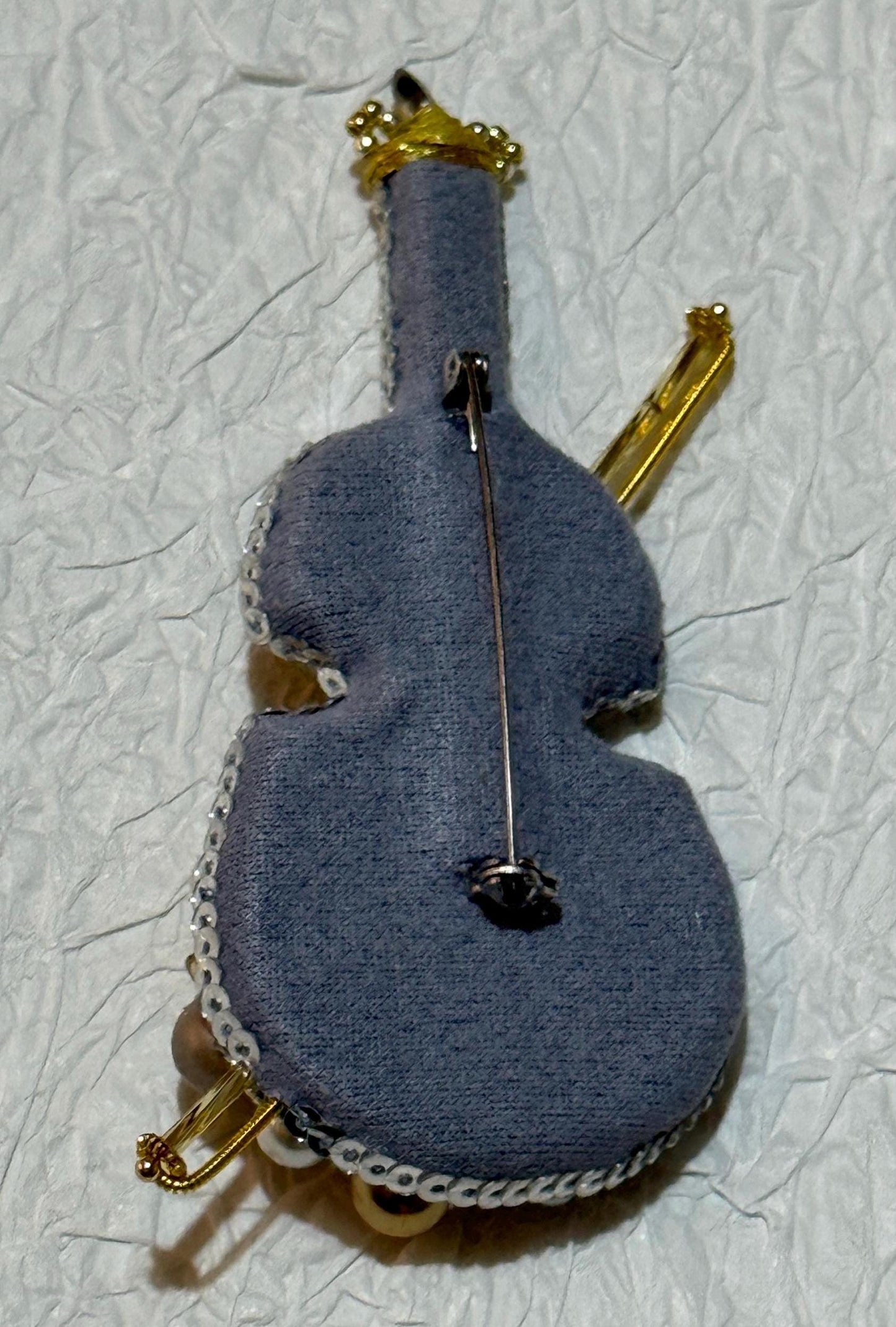 Handmade Silver Violin Brooch: Beaded Music Lover Pin