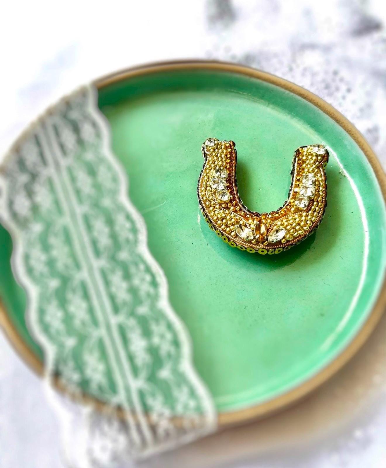 Handmade Beaded Horseshoe Brooch: Gold Crystal Lucky Charm Pin