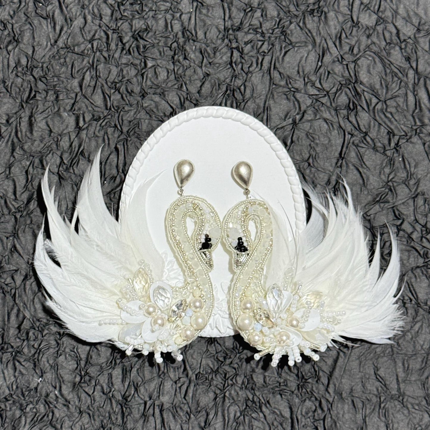 Handmade Swan Dangle Earrings: Pearl Feather Bridal Jewelry