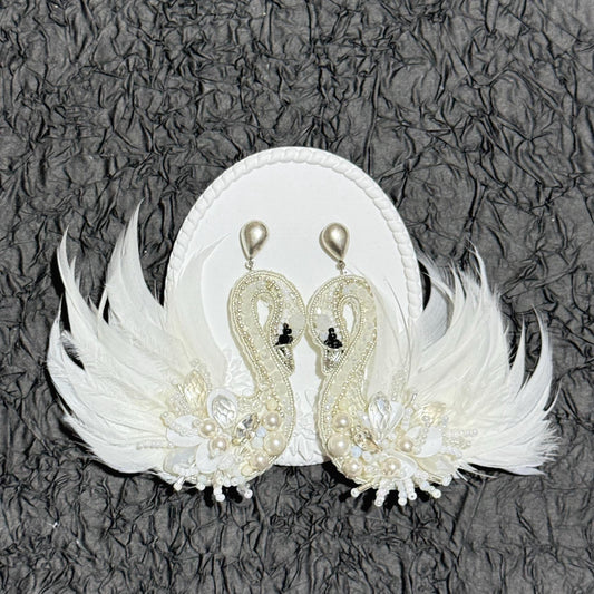 Handmade Swan Dangle Earrings: Pearl Feather Bridal Jewelry