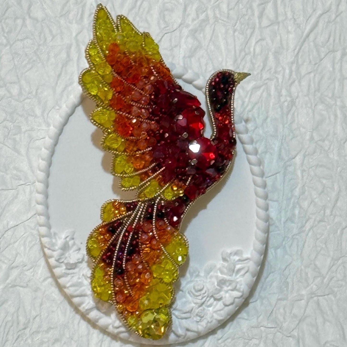 Handmade Beaded Phoenix Brooch: Red, Orange, Yellow Crystal Bird Pin