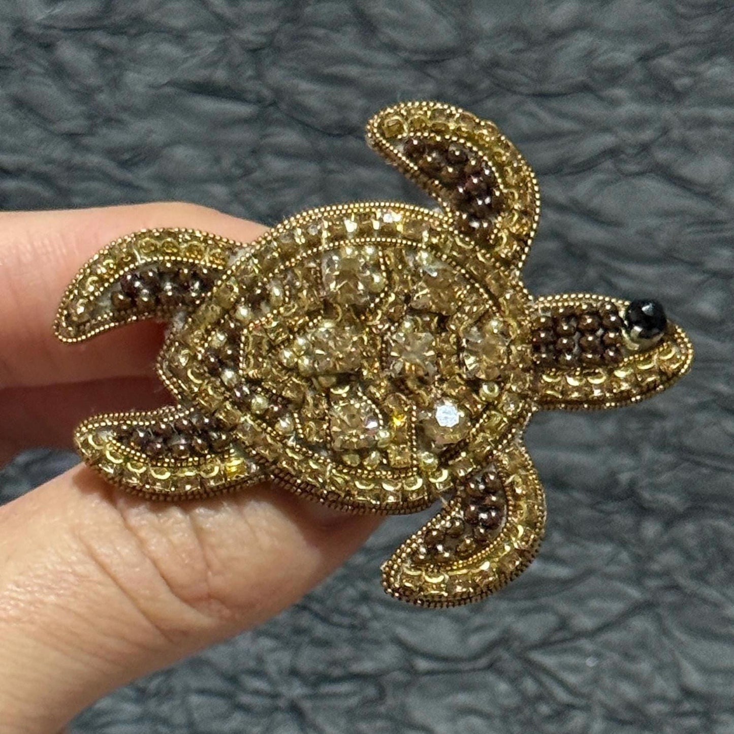 Handmade Beaded Turtle Brooch: Gold Sequins & Crystals