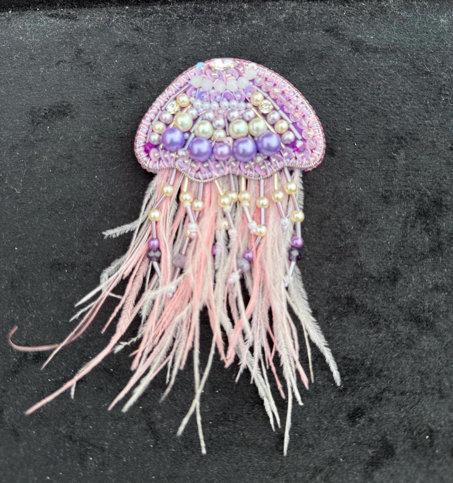 Handmade Beaded Jellyfish Brooch, Pearl Crystal Sea Creature Pin