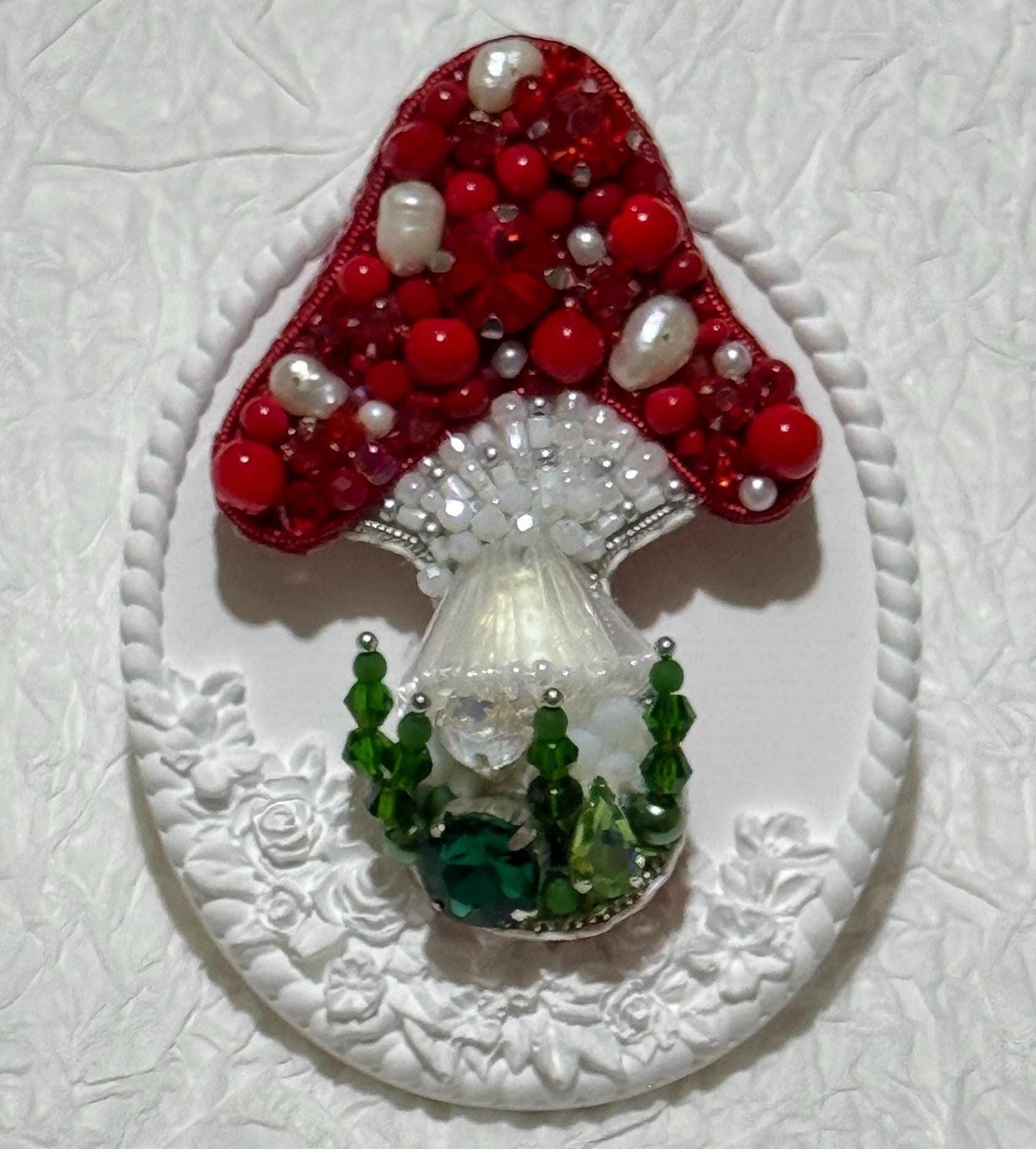 Handmade Beaded Mushroom Brooch: Pearl & Crystal Toadstool Pin