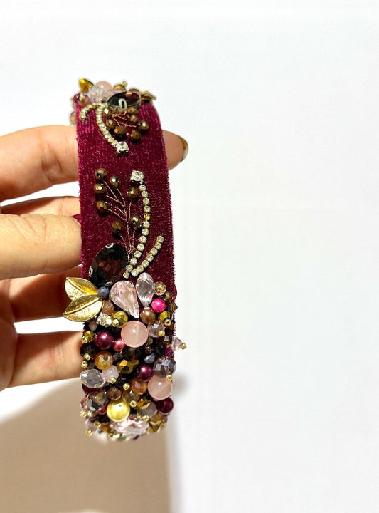 Handmade Velvet Beaded Headband and Earrings: Bridal Crystal Pearl Jewelry