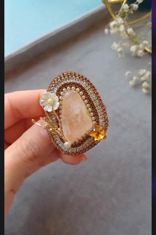 Handmade Citrine Stone Brooch: Beaded Gemstone Pin with Pearls