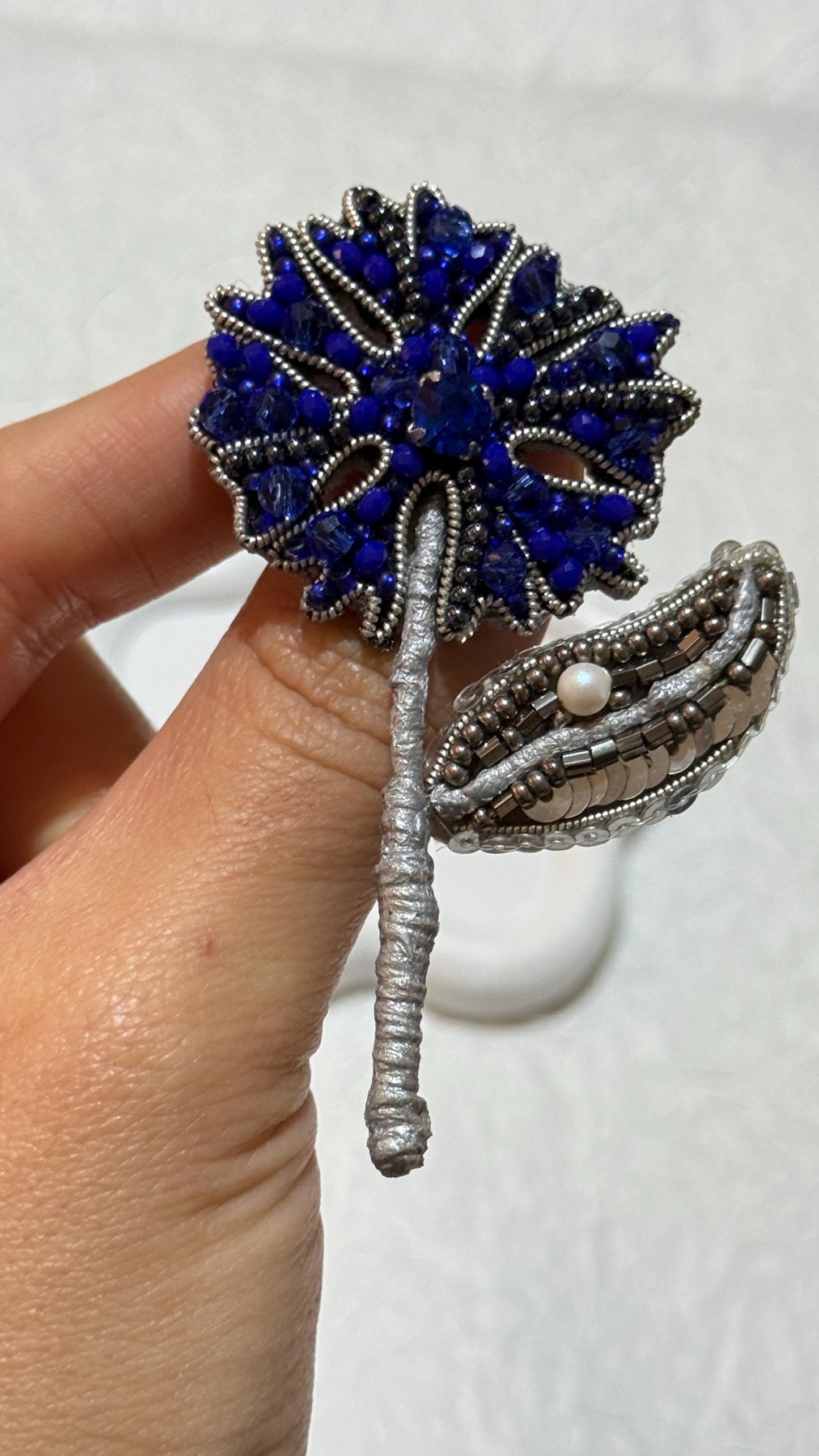 Handcrafted Blue Crystal Floral Brooch - Elegant Beaded Flower Pin