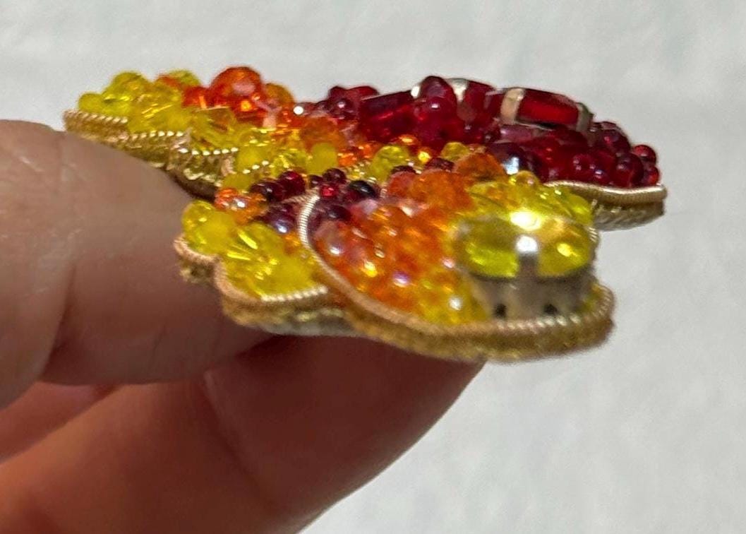 Handmade Beaded Phoenix Brooch: Red, Orange, Yellow Crystal Bird Pin