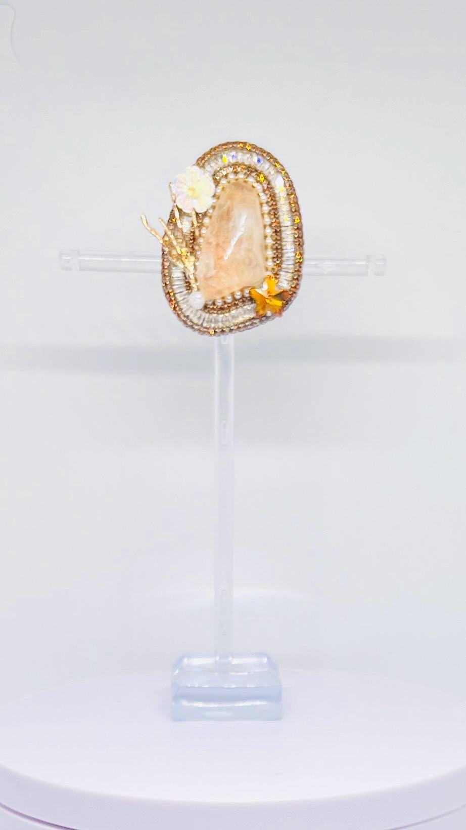 Handmade Citrine Stone Brooch: Beaded Gemstone Pin with Pearls