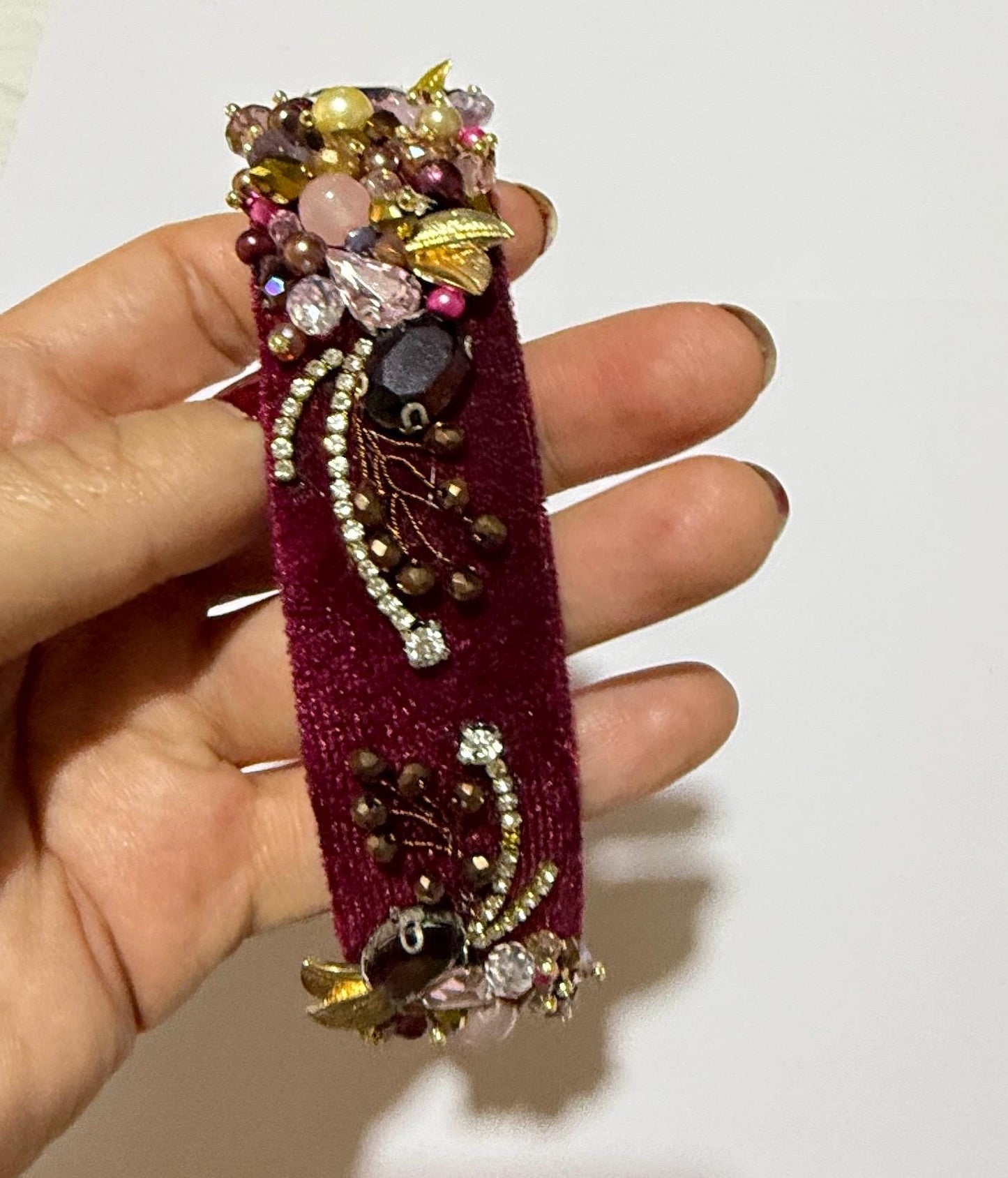 Handmade Velvet Beaded Headband and Earrings: Bridal Crystal Pearl Jewelry