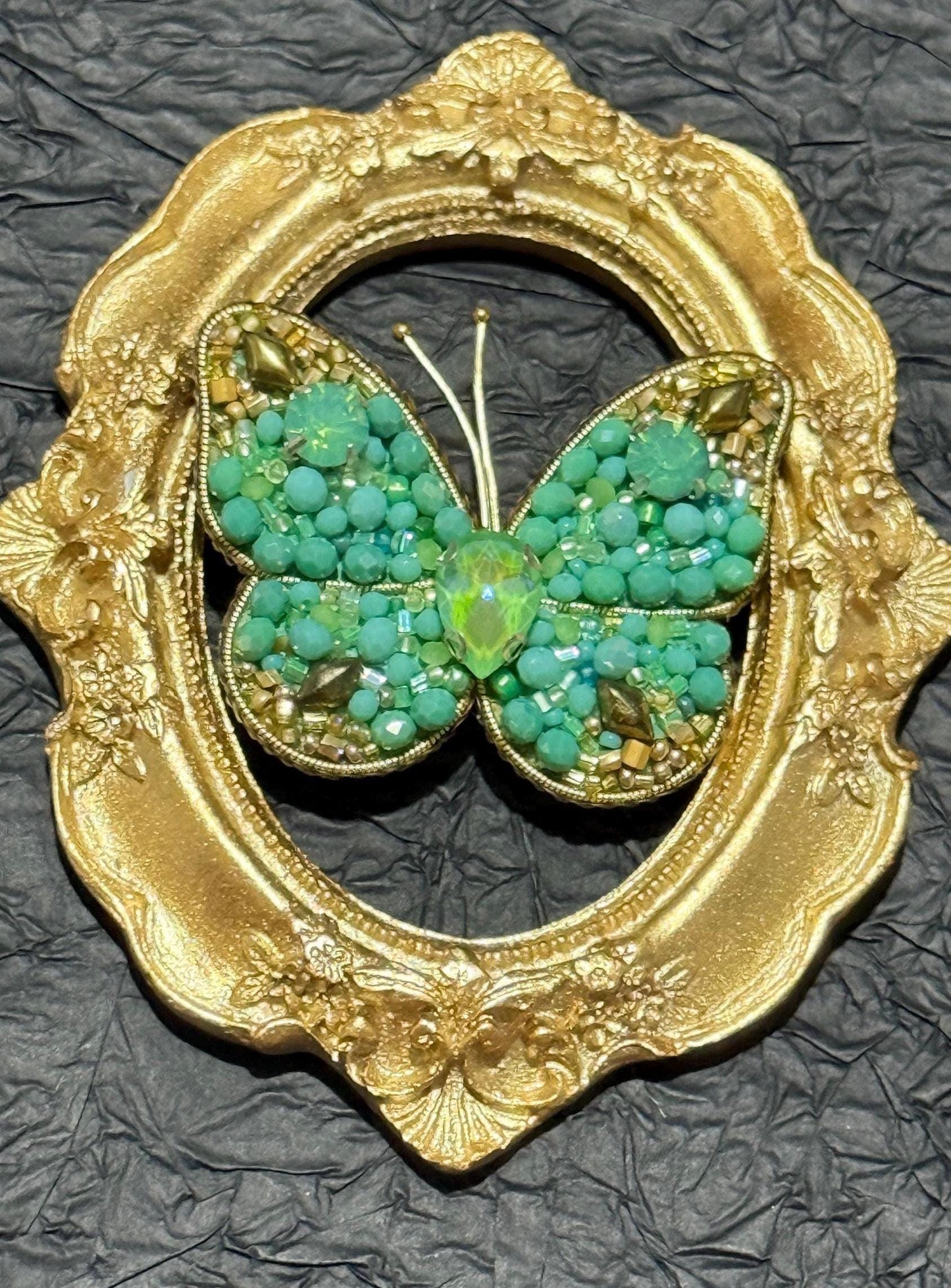 Handmade Green Crystal Butterfly Brooch: Beaded Statement Pin