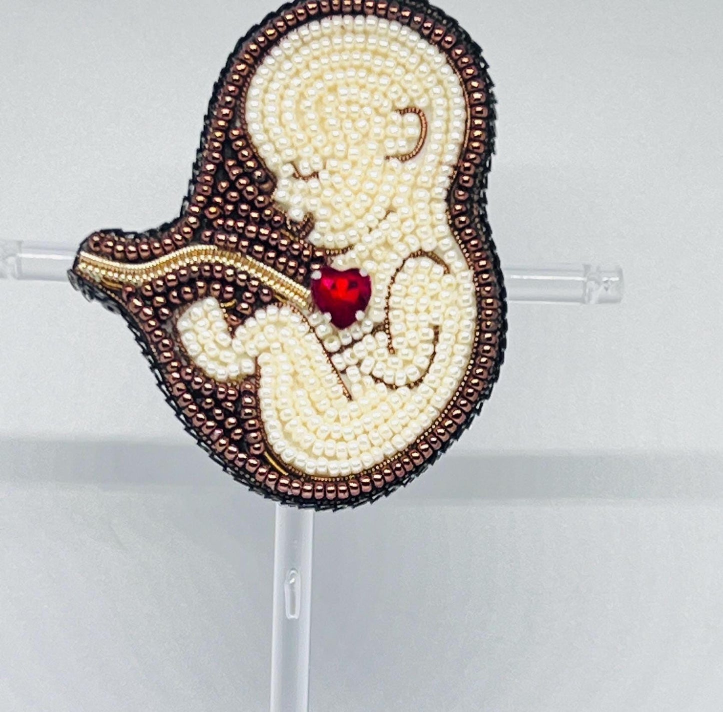 Handmade Beaded Fetus Brooch | Motherhood Jewelry with Red Crystal Heart
