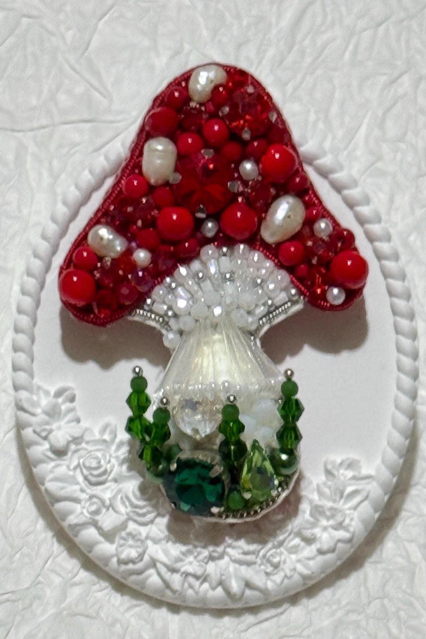 Handmade Beaded Mushroom Brooch: Pearl & Crystal Toadstool Pin