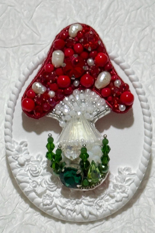 Handmade Beaded Mushroom Brooch: Pearl & Crystal Toadstool Pin