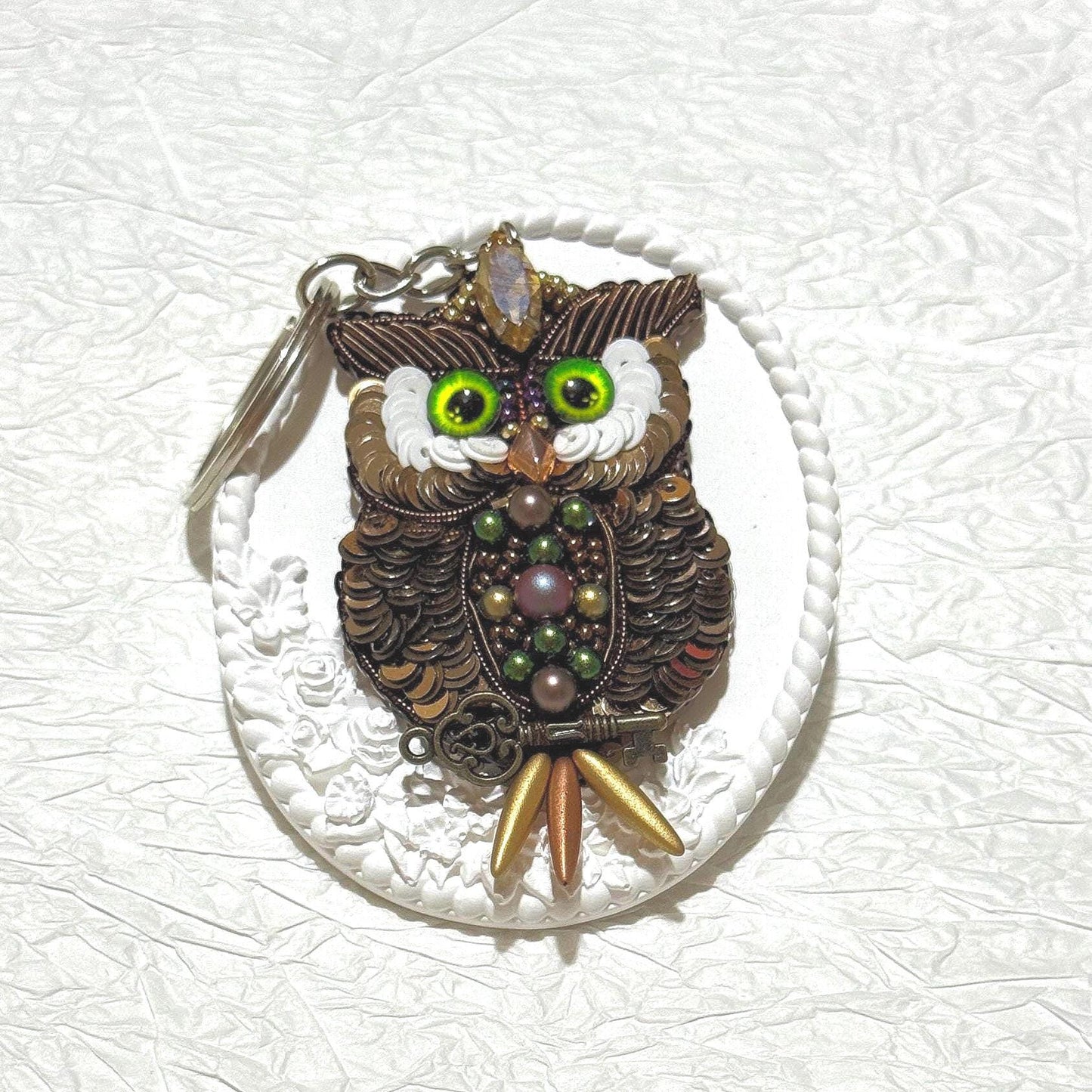 Handmade Beaded Owl Keychain: Pearl & Crystal Bag Charm