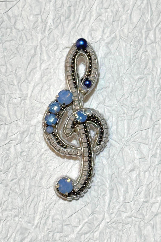 Handmade Beaded Treble Clef Brooch: Blue Silver Music Jewelry