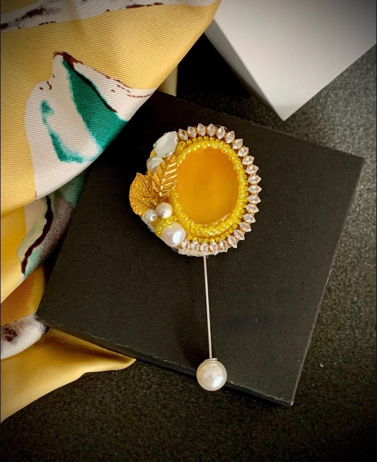 Elegant Yellow Agate Pin Brooch with Pearl and Crystal Details